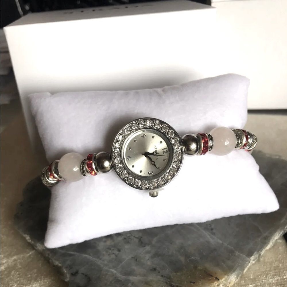 Luxury Galilea Rose Quartz Crystal Bracelet Watch Red & White Austrian Crystals